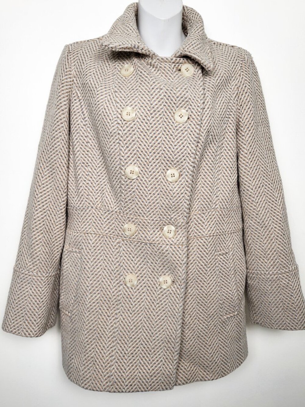 Cleo Petite Beige Herringbone Wool Blend Pea Coat Size 6 Petite - Vintage Y2K